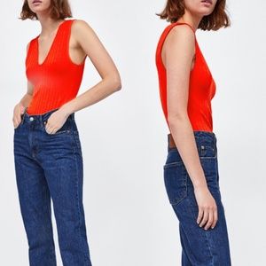 Zara Ribbed Plunge Neck Bodysuit